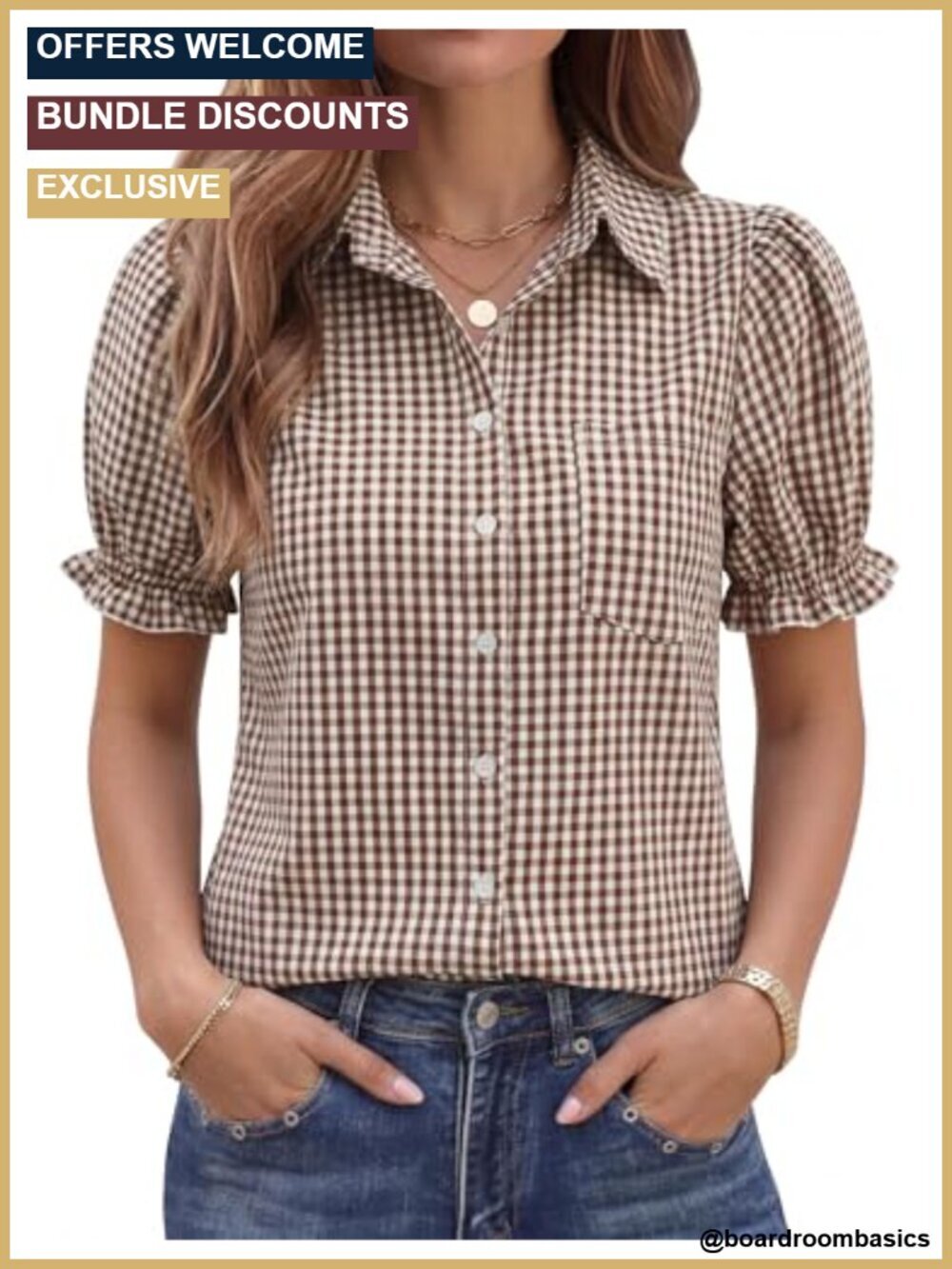 Puff Sleeve Button Down Linen Blend Blouse - Casual Collared Top